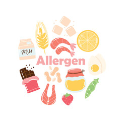 Food Allergens. Allergen Products Collection. Vector illustration. Allergy. Drawn style. Allergen fish, egg, honey, gluten, milk.