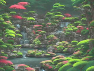 Fototapeta na wymiar Beautiful detailed Autumn Japanese Zen garden 3d illustration