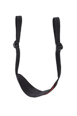 Close-up shot of a black fabric doggie style strap padded. An adjustable strap for couples is isolated on a white background. Front view.