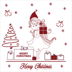 Excited surprised Girl. Merry Christmas vector card. Beautiful girl in a dress with many gift boxes. Christmas design. Fashion sketches. Christmas background. Xmas 