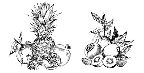 Pineapples, pomegranates, kiwi and sweet fruits arrangement. Black and white hand drawn vector illustration. - 540706997