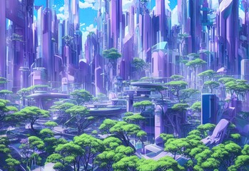 Futuristic city with huge skyscrapers and trees against the blue sky with clouds. The concept of the future. Fantasy cityscape. 3D render.