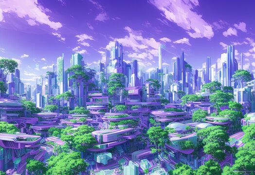 Futuristic City With Huge Skyscrapers And Trees Against The Blue Sky With Clouds. The Concept Of The Future. Fantasy Cityscape. 3D Render.