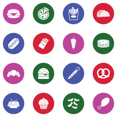 Junk Food Icons. White Flat Design In Circle. Vector Illustration.