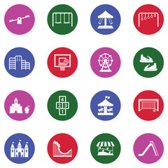 Kids Playground Icons. White Flat Design In Circle. Vector Illustration.