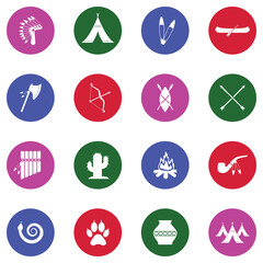 Native American Icons. White Flat Design In Circle. Vector Illustration.
