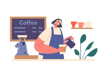 Barista Girl Making Coffee Pouring Hot Milk In Cup With Fresh Drink. Female Character Wear Apron Work In Cafe