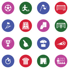 Soccer Icons. White Flat Design In Circle. Vector Illustration.