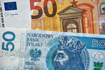 banknot 50 euro, banknot 50 złotych - obrazy, fototapety, plakaty