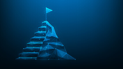 business stair mountain goal achievement digital on blue dark background. staircase step to target success. Strategy for working to successful. flag on peak. vector illustration digital fantastic.