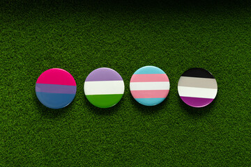 Bisexual, genderqueer, transgender, asexual badges on a green lawn grass. - 540708180