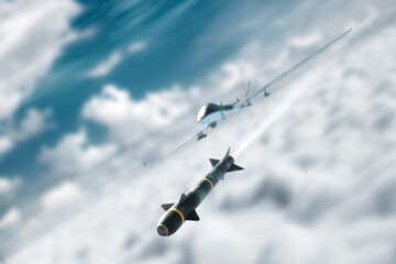 UAV military combat drone launches a combat missile. Modern aircraft, army of the future, reconnaissance, military drone, war of the future. 3D illustration, 3D render.