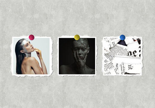 Three Square Photo Mockups with Torn Edges and Thumbtacks