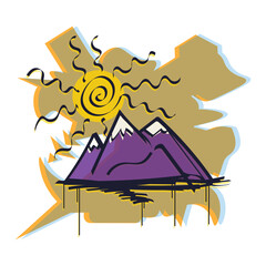 Graffiti landscape of mountains colored outline. Abstract vector illustration isolated on white background. Trendy hand drawing. Outdor, travel, tourism.