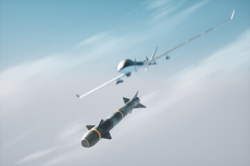 UAV military combat drone launches a combat missile. Modern aircraft, army of the future, reconnaissance, military drone, war of the future. 3D illustration, 3D render. - obrazy, fototapety, plakaty