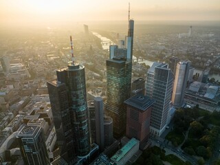 Aerial view of Frankfurt skyline during sunrise