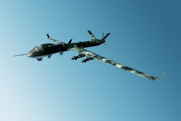A military combat drone UAV is on duty in the sky. Modern aircraft, army of the future, reconnaissance, military drone, war of the future. 3D illustration, 3D render.