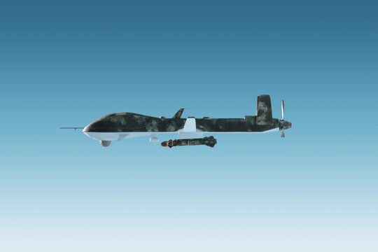 A military combat drone UAV is on duty in the sky. Modern aircraft, army of the future, reconnaissance, military drone, war of the future. 3D illustration, 3D render.