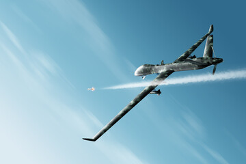 UAV military combat drone launches a combat missile. Modern aircraft, army of the future, reconnaissance, military drone, war of the future. 3D illustration, 3D render.