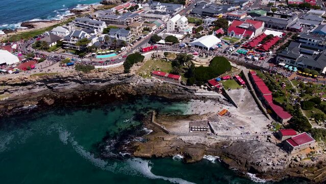 Aerial Time Lapse Of Travelers On Hermanus Waterfront During Whale Festival