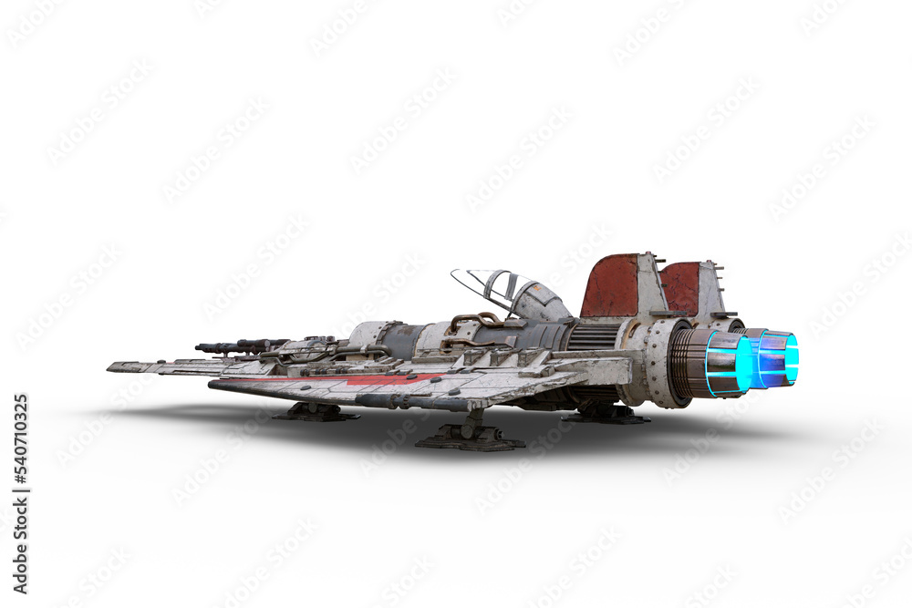 Poster rear perspective 3d rendering of a science fiction fantasy fighter jet powered space ship parked on 