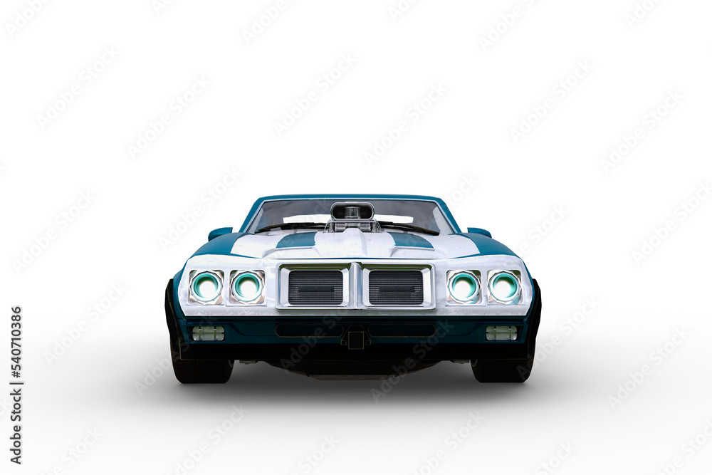 Poster Front view 3D rendering of a blue and white retro American muscle car isolated on a transparent background.