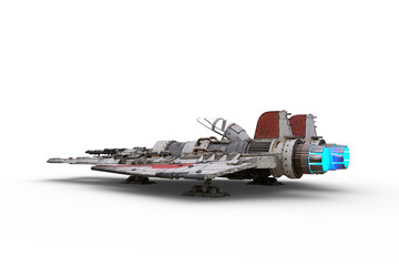 Rear perspective 3D rendering of a science fiction fantasy fighter jet powered space ship parked on the ground isolated on a transparent background.