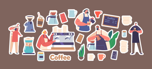 Set Of Stickers Barista Men And Women Making Coffee, Friendly Male And Female Characters Work In Cafe Patches Pack