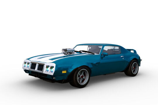 3D rendering of a blue and white 1970s vintage American muscle car isolated on a transparent background.