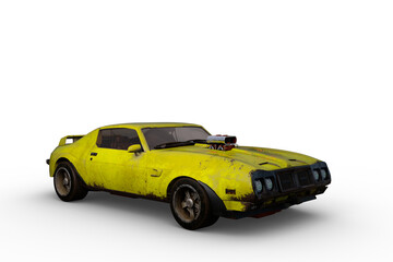 3D rendering of a yellow vintage American muscle car isolated on a transparent background.