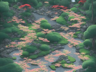 Fototapeta na wymiar Beautiful detailed Autumn Japanese Zen garden 3d illustration