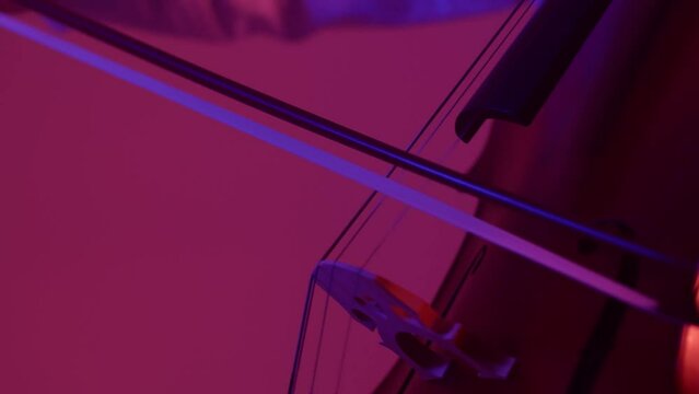 a woman in the orchestra plays the cello. a dark hall with purple light. the cellist leads the bow along the string. close up
