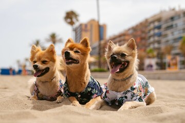 Close-up shot of three puppies in cool t-shirts on a sandy beach