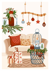 Christmas printable poster. Christmas house vector print