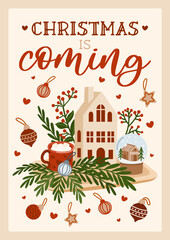 Christmas greeting card. Christmas is coming vector print