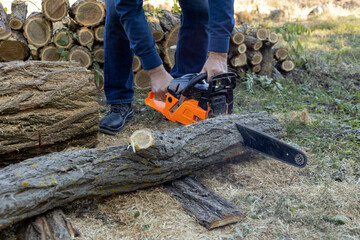 Lumberjack sawing a log with a chainsaw in the garden. Preparing firewood for the winter.