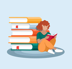 The girl is reading a book. Stack of books. Vector illustration.