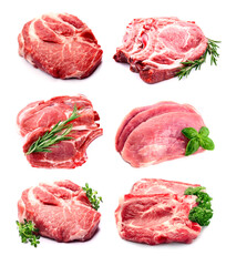 Set of meat close up on white backgrounds.