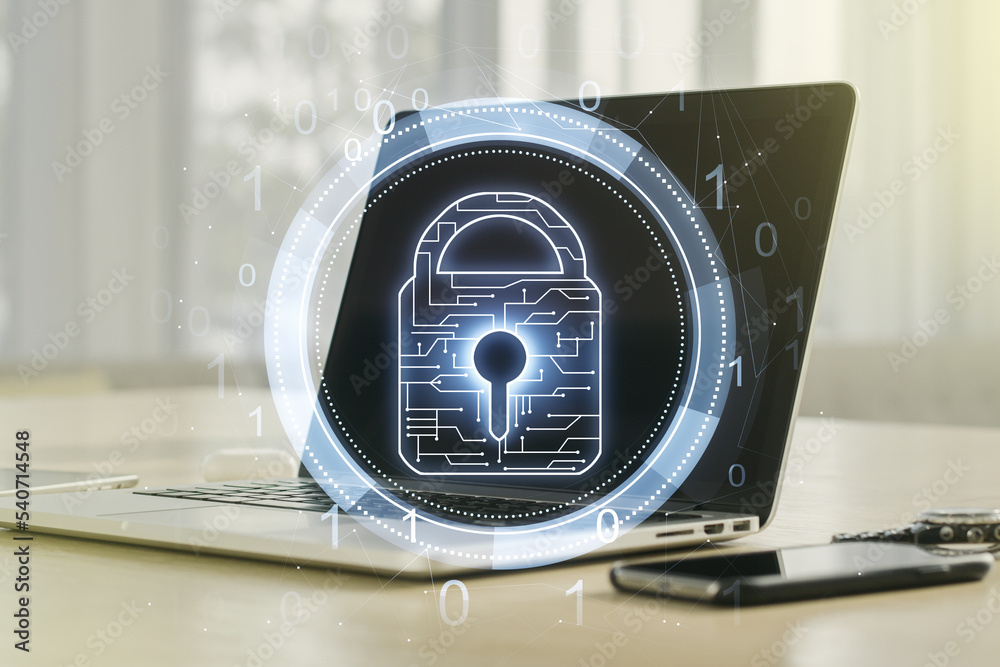 Poster creative idea concept with lock symbol and microcircuit illustration on modern laptop background. pr