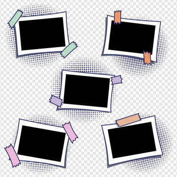 Set of horizontal frames in pop art style. Collection of photo frames in comic style for a photo album. Color stickers on frames. Template for the design of frames for photographs; posters; cards