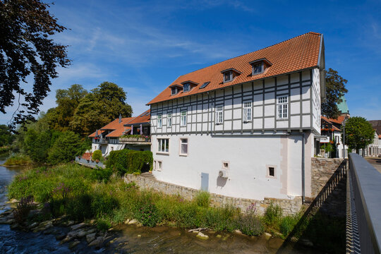 Germany, North Rhine-Westphalia, Lemgo, Bega river and exterior of Langenbrucker Mill