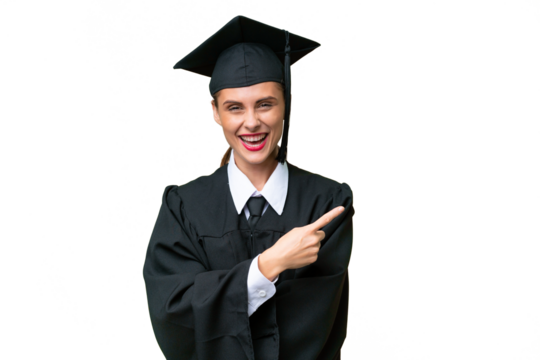 Young university graduate  caucasian woman over isolated background pointing to the side to present a product