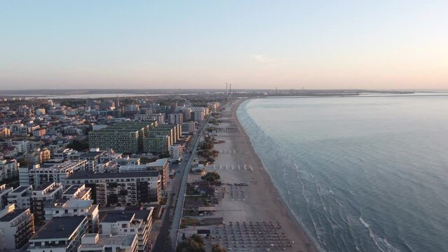 Aerial view over Mamaia, Romania, at sunrise. Summer landscape at the Black Sea shore. 