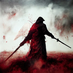 Angel of war carrying two swords and covered in blood, waging war against mankind during the apocalypse - obrazy, fototapety, plakaty