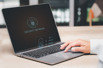 Woman trying to login into laptop or notebook computer with secured login and password interface. Using cyber security and confidential login to verify personal information. ideas security concept.
