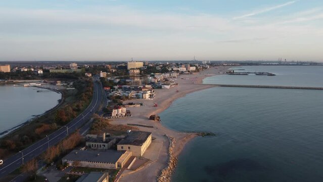 Aerial view over Eforie, Romania, at sunrise. Summer landscape at the Black Sea shore.