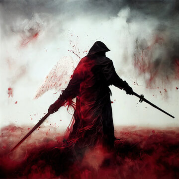 Angel of war carrying two swords and covered in blood, waging war against mankind during the apocalypse