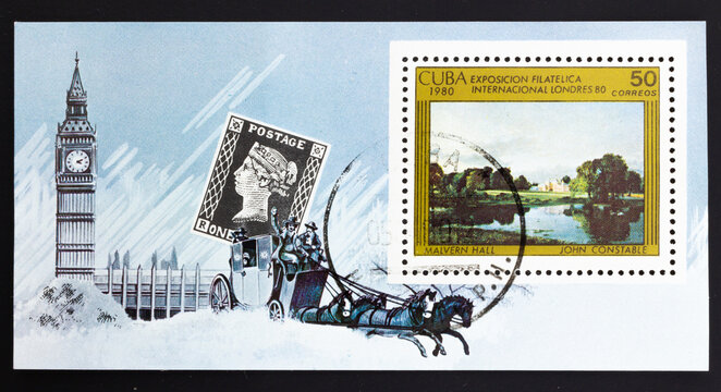 Postage stamp 'LONDON 80. Malvern Hall, J.Constable' printed in Republic of Cuba. Series: 'Philatelic exhibitions', 1980