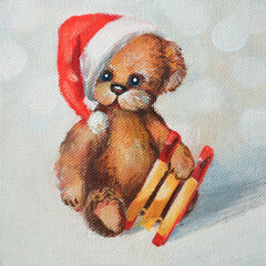 Retro Christmas Poster. Christmas oil painting. Christmas toy Teddy bear