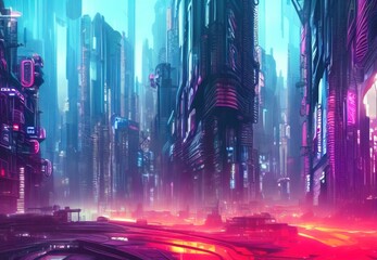 Cyberpunk 3D illustration of abstract futuristic cityscape. City of the future at bright multicolored neon night. Neon Haze. Night urban landscape.